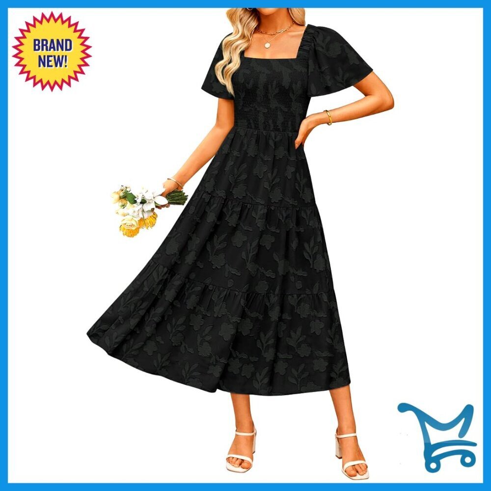 Boho Floral Midi Dress Casual Short Sleeve Square Neck Flowy Beach Vacation